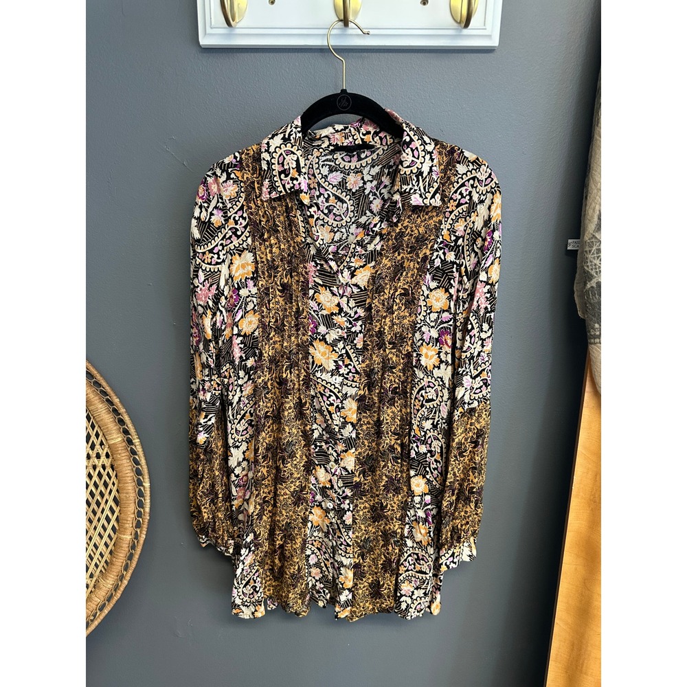 Jane + Delancey Womens S Top Mixed Paisley Floral Pintuck Button Blouse Tunic